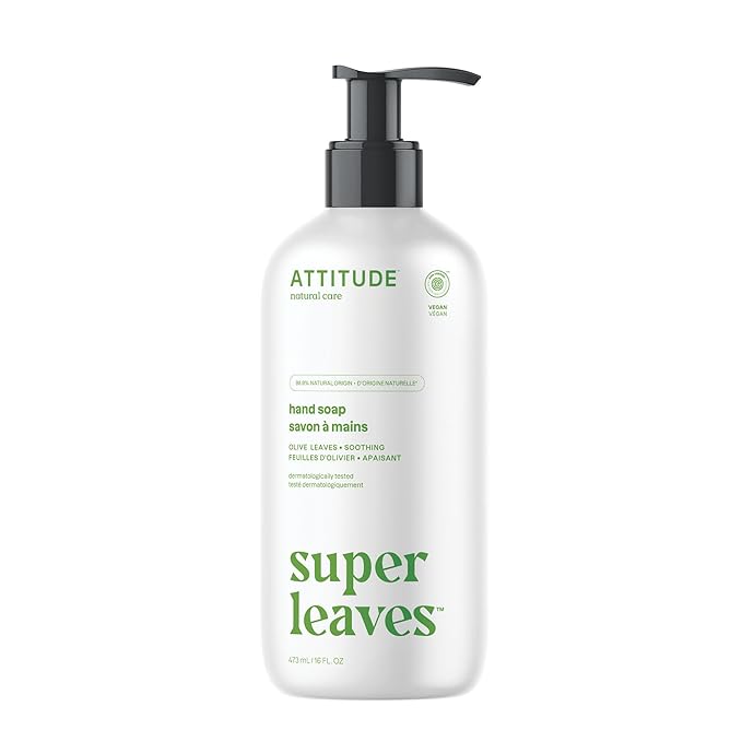 ATTITUDE Liquid Hand Soap, EWG Verified, Plant and Mineral-Based, Vegan Personal Care Products, Olive Leaves, 16 Fl Oz