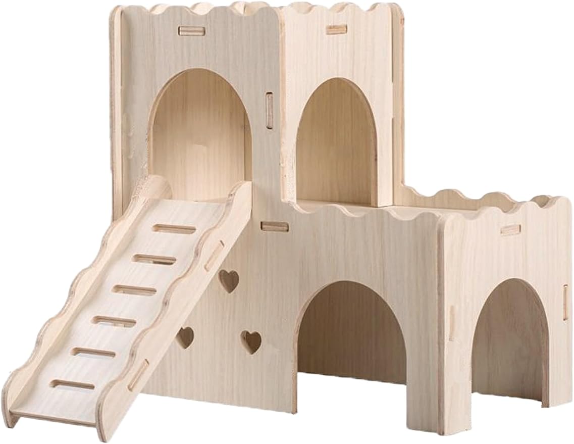 Hamster Hideout Cage Accessories - Hamster House and Habitat Wooden Hide Hut with Climbing Ladder for Syrian Dwarf Gerbils and Mouse Mice Rat Other Small Animals etc.