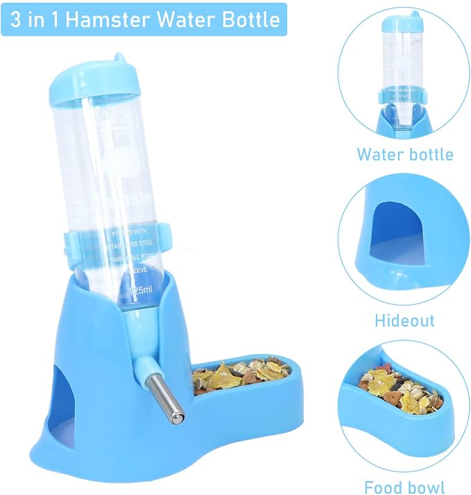 Wontee 3 in 1 Hamster Water Bottle with Food Bowl Hideout Base, 125ML, Blue | Water dispenser, food container, hideout, stable base, easy to refill, for glass tank/cage, dwarf hamster/mouse/gerbil, 4.2oz