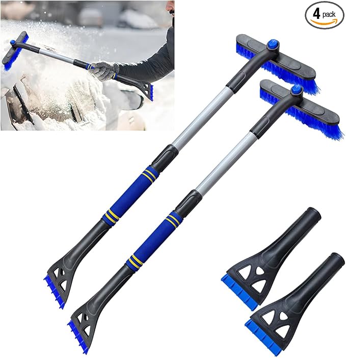 31.5" Detachable Snow Brush and Ice Scraper for Car Windshield, 2-in-1 Winter Snow Removal Tool with Extendable, 360° Rotating Soft Bristle Brush Head and Foam Grip for Most Vehicles (2PCS&Blue)