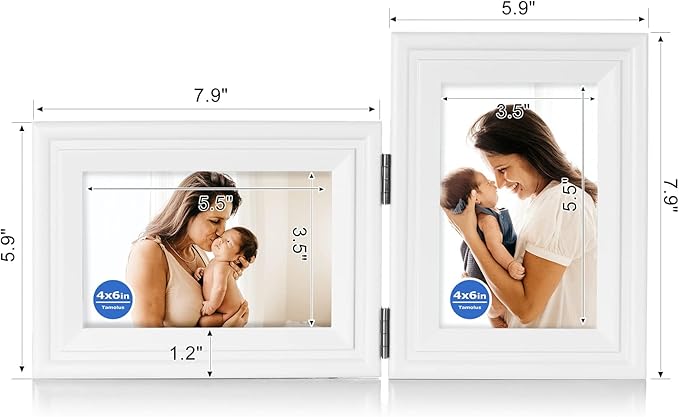 4x6 Double Hinged Picture Frame Folding Photo Frame Horizontal and Vertical in White Pine Wood with Real Glass for Tabletop X2-BAI-HS46