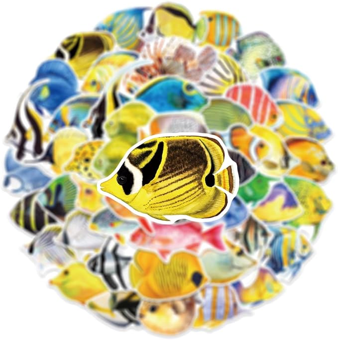 50PCS Fish Stickers, Cute Marine Organism Stickers for Kids Teens Adults, Vinyl Cartoon Colorful Saltwater Fish Decals Kawaii Marine Fish Sticker for Decor Water Bottles Laptops Guitar Scrapbook