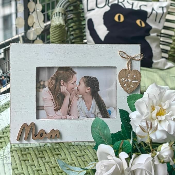 I Love You Mom Photo Frame with Heart,Wooden Mom Picture Frame 4x6 Horizontal from Daughter/Son,Mother's Day Gift,Present for Stepmother, Mommy Birtheday Gift