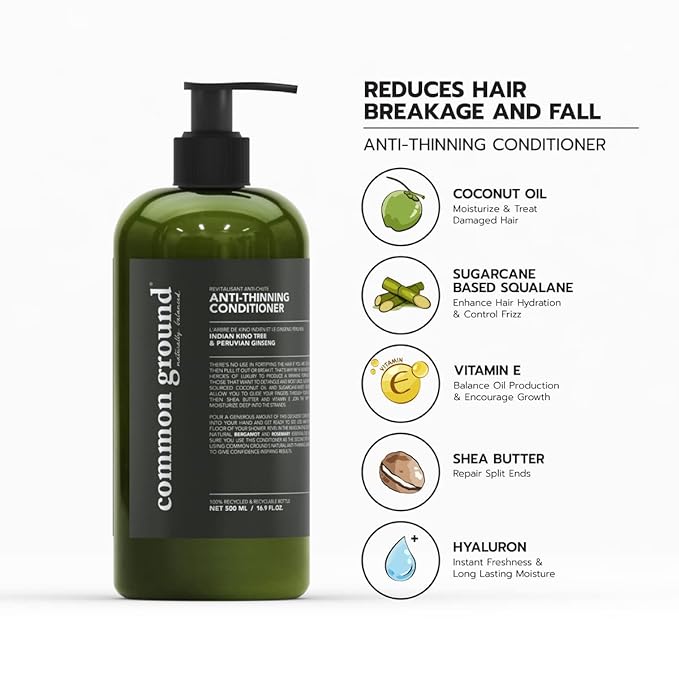 Common Ground Natural Anti-Thinning Conditioner, Sulphate, Paraben & Cruelty Free, Vegan, Plant-Based, Bergamot & Rosemary Scent, Kino Tree & Ginseng DHT Blockers, All Hair Types, Men & Women