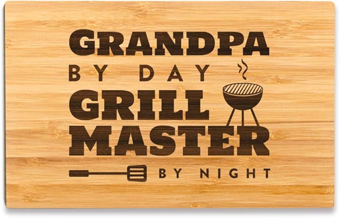 Andaz Press Laser Engraved Small Bamboo Wood Cutting Board, 9.5 x 6-inch, Grandpa by Day Grill Master By Night, 1-Pack, Father's Day Birthday Christmas Gift Ideas