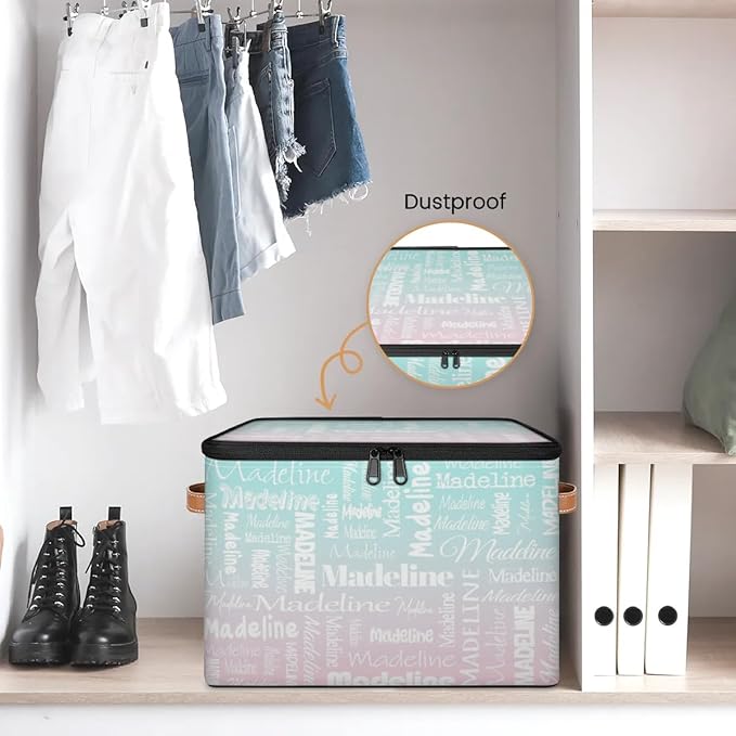 Custom Storage Basket with Name, Personalized Keepsake Box with Zipper Lid, Foldable Fabric Memory Bin Large capacity with Handle Green Pink