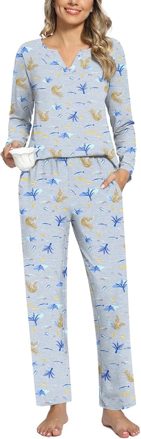 Anyally Women's Plus Size Pajama Sets Ladies Fall Pjs 2 Pieces Lounge Outfits V Neck Long Sleeves Sleepwear with Pockets