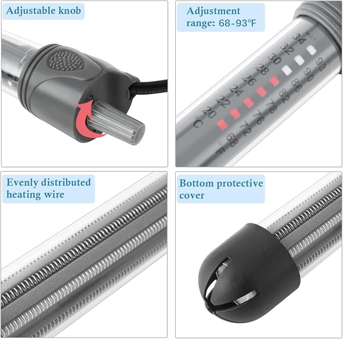 HITOP 100W 200W 300W Adjustable Aquarium Heater, Submersible Fish Tank Heater Thermostat with Suction Cup