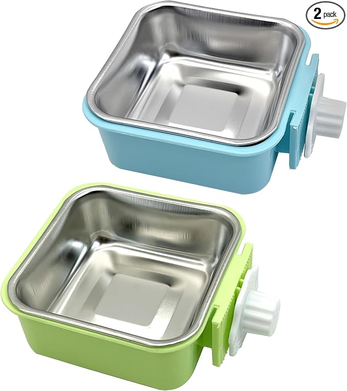kathson Crate Dog Bowl, Removable Stainless Steel Hanging Pet Kennel Cage Bowl Food & Water Feeder Coop Cup for Puppy, Cat, Rabbit, Guinea Pigs 2pcs Small Square(Blue, Green)