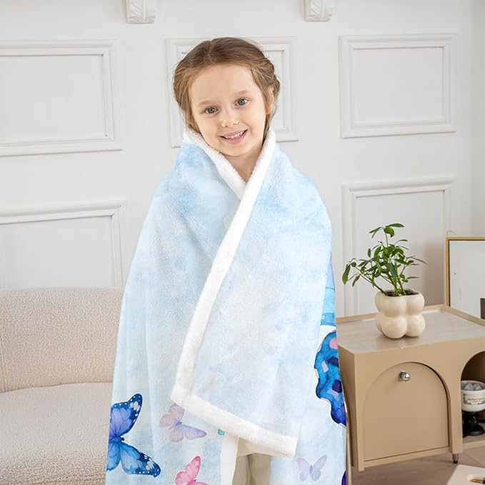 Feelyou Butterfly Fleece Throw Blanket Queen 90"x90" Kids Butterflies Lover Sherpa Blanket Plush Fuzzy for Bed Couch Chair Living Room, Purple Blue Watercolor Bed Blanket Gorgeous Room Decor