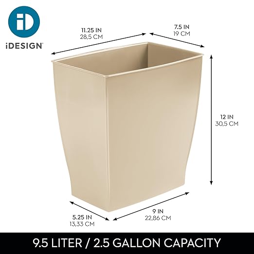 iDesign Small Plastic Bathroom Trash Can, Slim Rectangle Garbage Bin for Bedroom, Office, Dorm, Brown