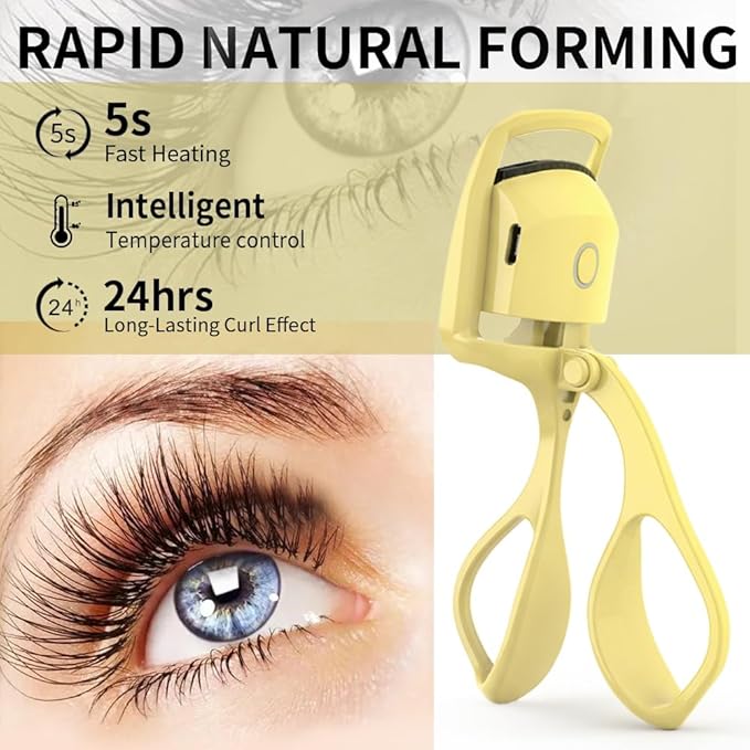 Heated Eyelash Curler, Fast 5s Heat up, 24 Hours Long Lasting, Rechargeable Electric Lash Curler, Temperature Control, Safe Anti-Burn Eye Lash Curler, Quick Natural Curling Lashes (Yellow)