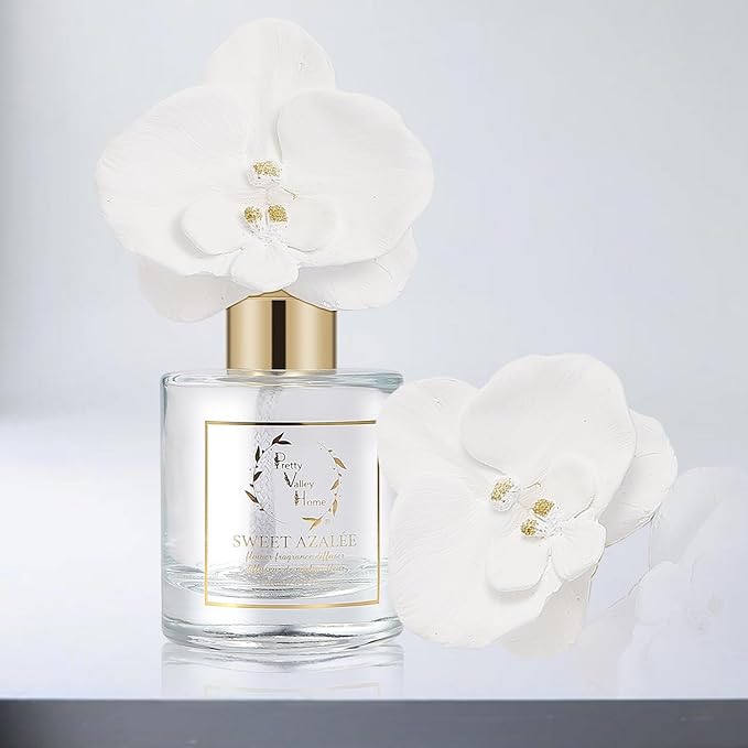 Reed Diffuser Set, Pretty Valley Home Diffuser Gypsum White Orchid Flower Oil 120Ml / 4.05fl OZ Gift Box for Bathroom Office Bathroom Living Room Decor, Long Lasting Fragrance (Sweet Azalee)