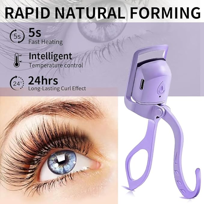 Heated Eyelash Curler, Fast 5s Heat up, 24 Hours Long Lasting, Rechargeable Electric Lash Curler, Temperature Control, Safe Anti-Burn Eye Lash Curler, Quick Natural Curling Lashes (Purple-1)
