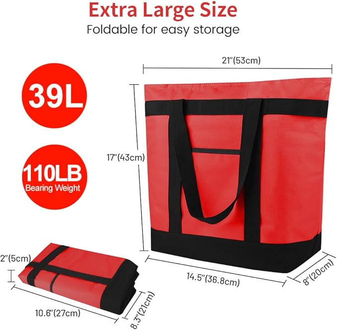 mosago Insulated Grocery Tote Bags, Large Reusable Cooler Bags with Zipper, Leakproof Thermal Shopping Bags for Food Delivery, Beach, Travel, Uber Eats & Picnic, Collapsible Personalized, Red