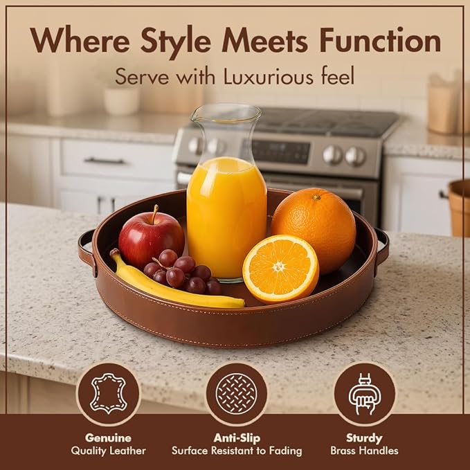 Stitched Round Leather Tray with Leather Handle Ideal for Serving Coffee Drinks Ottoman Tray for Office Home Kitchen Snack Counter Centerpiece Storage (Light Brown (16 x 16 Inch)