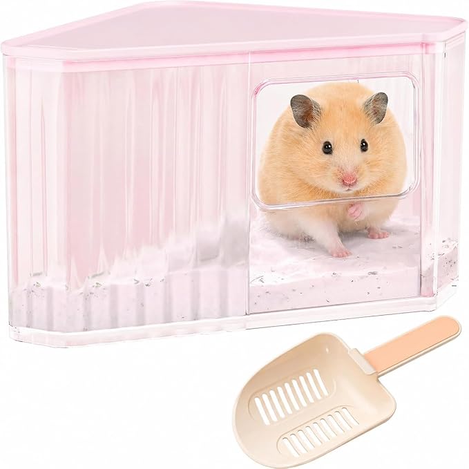 Hamster Sand Bath Container, Large Dust Bath House with Scoop, Pink | Tall enclosed design reduces sand scatter, spacious interior, frosted privacy walls, top platform, easy-clean bath box