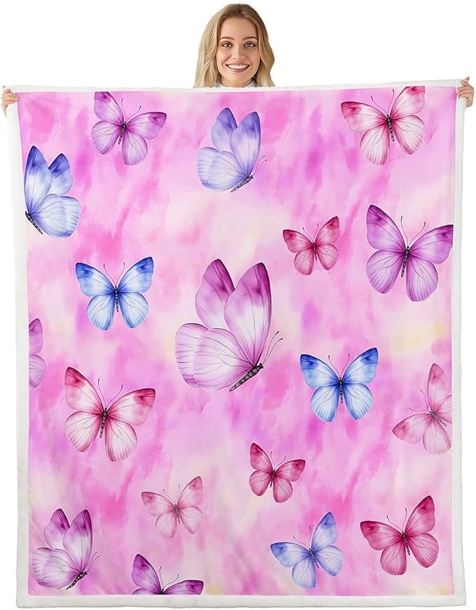 Feelyou Girls Butterfly Fleece Throw Blanket Throw 50"x60" Kids Tie Dye Watercolor Sherpa Blanket Plush Fuzzy for Bed Couch Chair Living Room, Dreamy Girly Bed Blanket Pink Room Decor