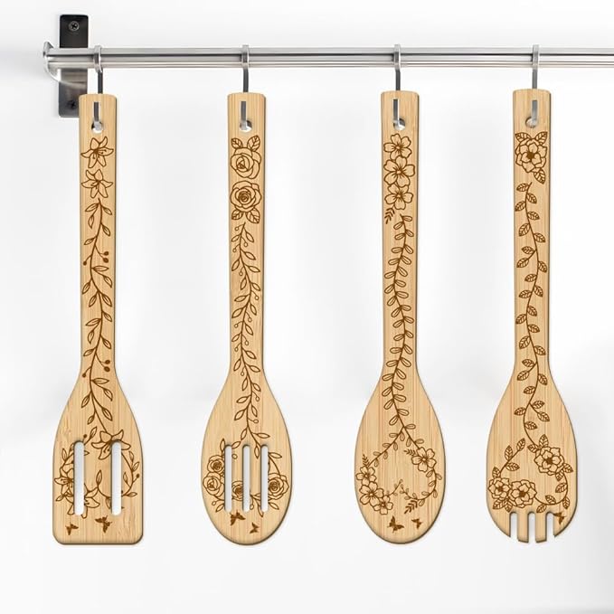 GLOBLELAND 6Pcs Leaves and Flowers Bamboo Cooking Utensils Lilies Roses Daisies Engraved Wooden Cooking Spoons Spatula Set for Women and Men Wood Cooking Spoon for Kitchen House Warming Gift