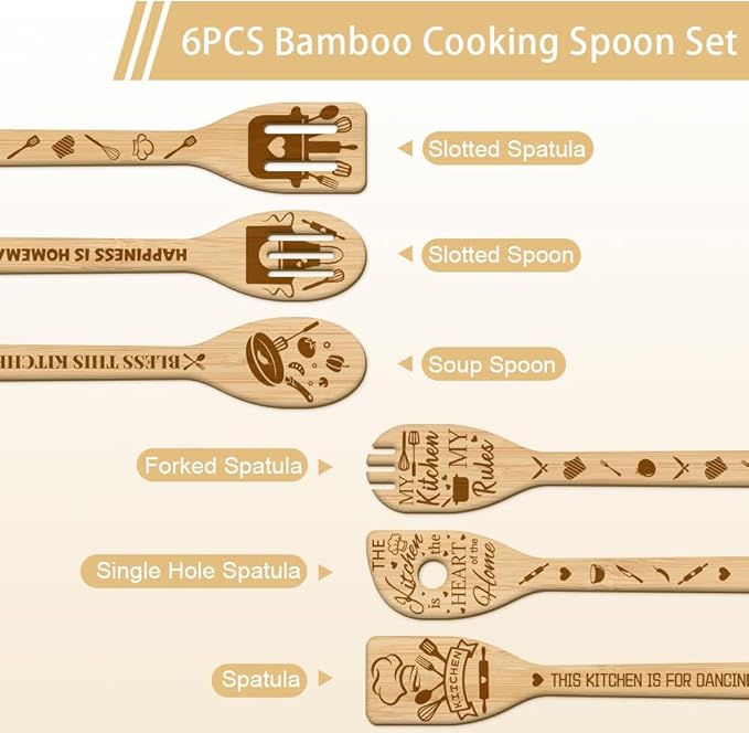 GLOBLELAND 6Pcs Kitchen Bamboo Cooking Utensils Wooden Engraved Cooking Spoons Set Carving Kitchen Bamboo Spatula Set for Women and Men Wood Cooking Spoon for Kitchen House Warming Gift