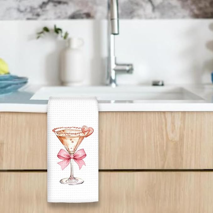 Pink Bow Cocktail Decor Kitchen Towels, Gifts for Cocktail Lovers Hand Towels, Pink Coquette Cocktail Dish Tea Towels for Kitchen Home Bar, Coquette Bow Cocktail Bar Cart Decor, 16x24In