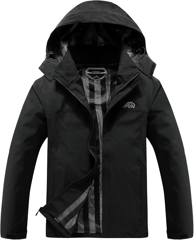 OTU Men's Lightweight Waterproof Hooded Rain Jacket Outdoor Raincoat Shell Jacket for Hiking Travel