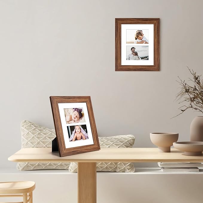 8x10 Picture Frame Display Double 4X6 Picture Frame Collage,Multi Photo Frame with Mat,Plexiglass,Wall or Tabletop Decor,Carbonized Brown Wood Grain