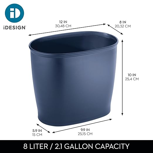 iDesign Slim Plastic Bathroom Trash Can, Small Garbage Bin for Bedroom, Office, Desk, Dorm, 2-Pack, Navy