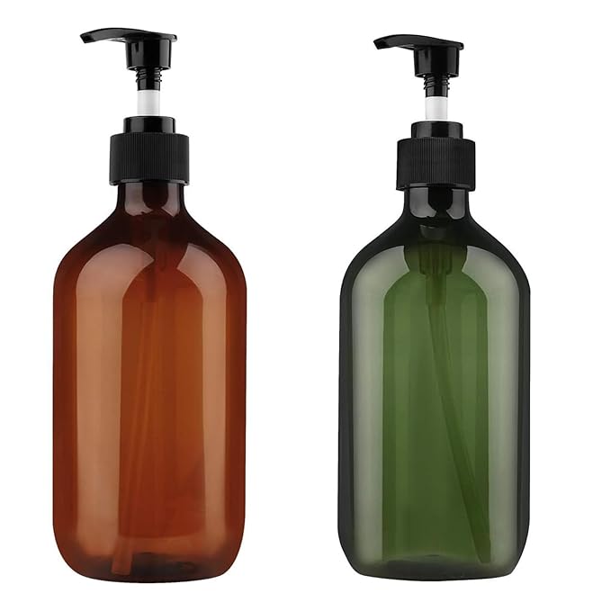 Yebeauty Empty Pump Bottle Dispenser, 17oz/500ml Lotion Soap Shampoo Pump Bottles Large Bottle with Pump Plastic Refillable Containers Pack of 2,Brown Green