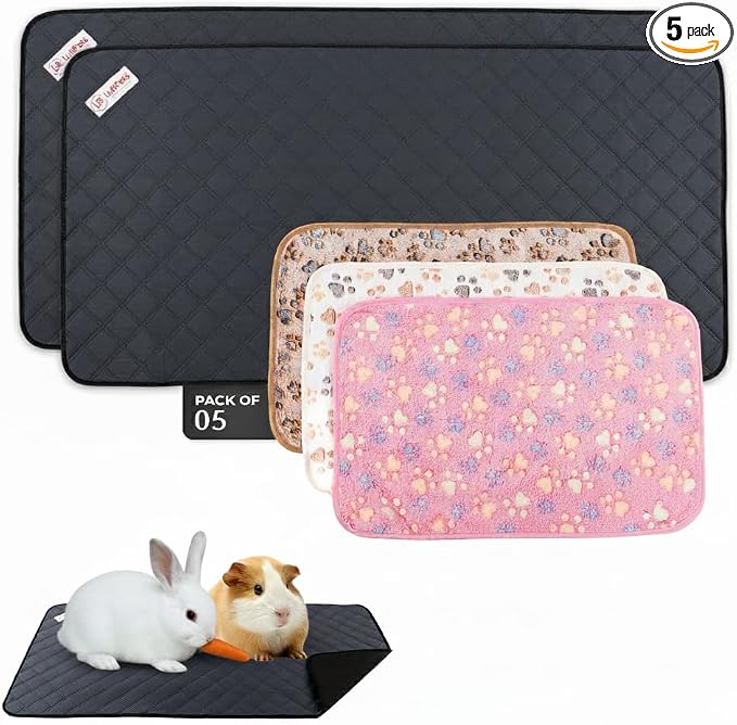 LUFTPETS Guinea Pig Cage Liners 5 Pcs, Washable C&C 2X4 Pads & Fleece Mats | 2 Absorbent Bunny Pee Pads 57x28, 3 Soft Blankets. Top Releases Hay. Waterproof Non-Slip Rabbit Bedding