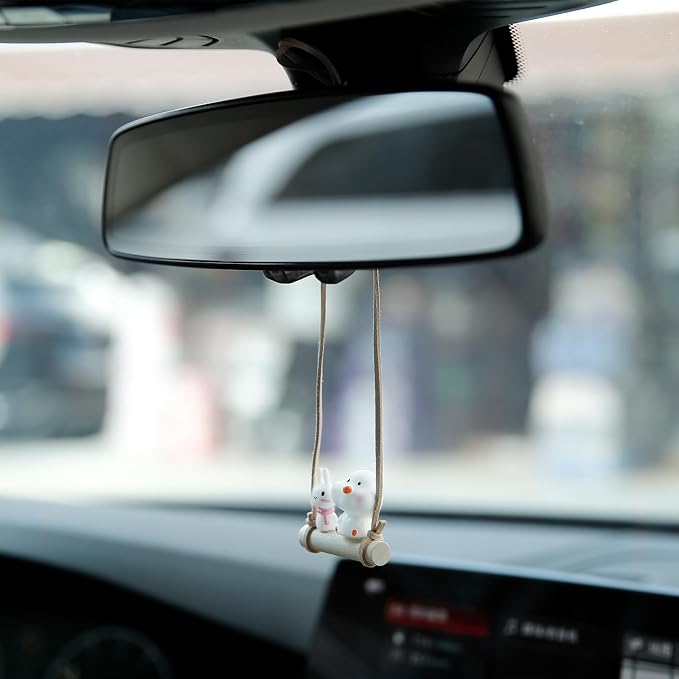 YGMONER Cute Swinging Chick & Bunny Car Rear View Mirror Hanging Accessories Funny Car Interior Decor Gifts for Women Men (Chick and Bunny)