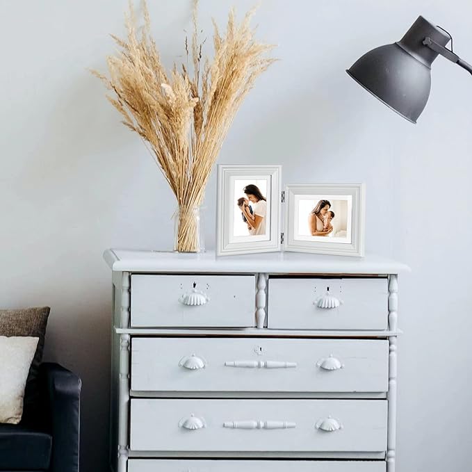 4x6 Double Hinged Picture Frame Folding Photo Frame Vertical and Horizontal in White Pine Wood with Real Glass for Tabletop X2-BAI-SH46