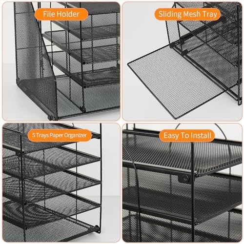 LEKETREE Desk Organizers and Accessories, 5-Tier Paper Letter Tray Organizer with File Holder, Desktop Organizer for Office Supplies (Black)