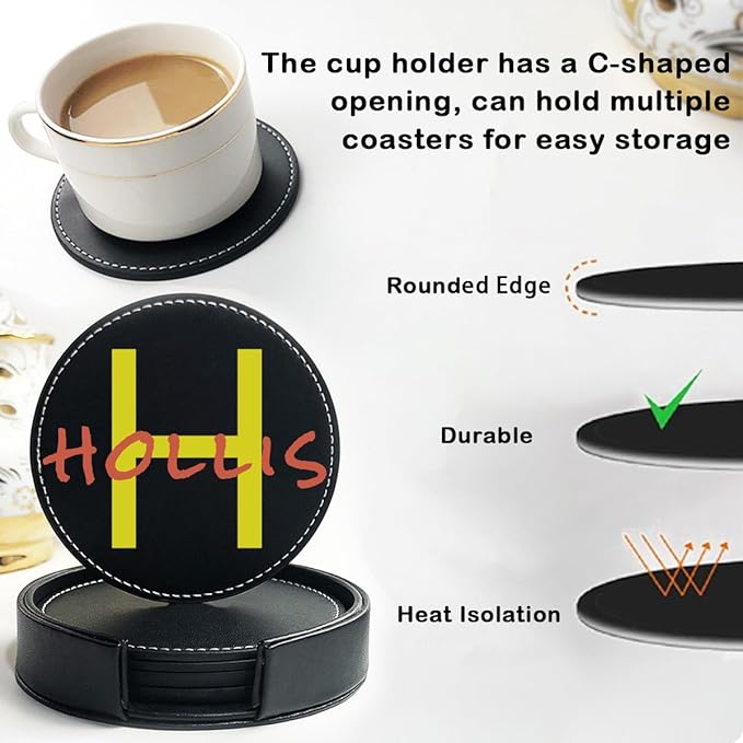 Custom Photo Coasters, Personalized Set of 5 Leather Coaster with Holder Customize Logo Name Monogram, Non-Slip Heat Resistant Waterproof for Coffee Table Bar Beer Wine Cup Housewarming Wedding Party