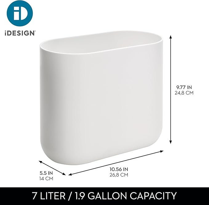 iDesign Slim Oval Plastic Waste Basket The Cade Collection, 10.56” x 5.5” x 9.77”, White