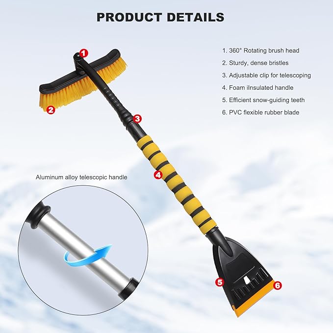 39" Snow Brush & Ice Scraper for Car Windshield, 2-in-1 Detachable Ice Scraper with 360° Pivoting Brush Head, Extendable Snow Removal Tool Winter Accessories for Cars Trucks SUVs (Yellow)