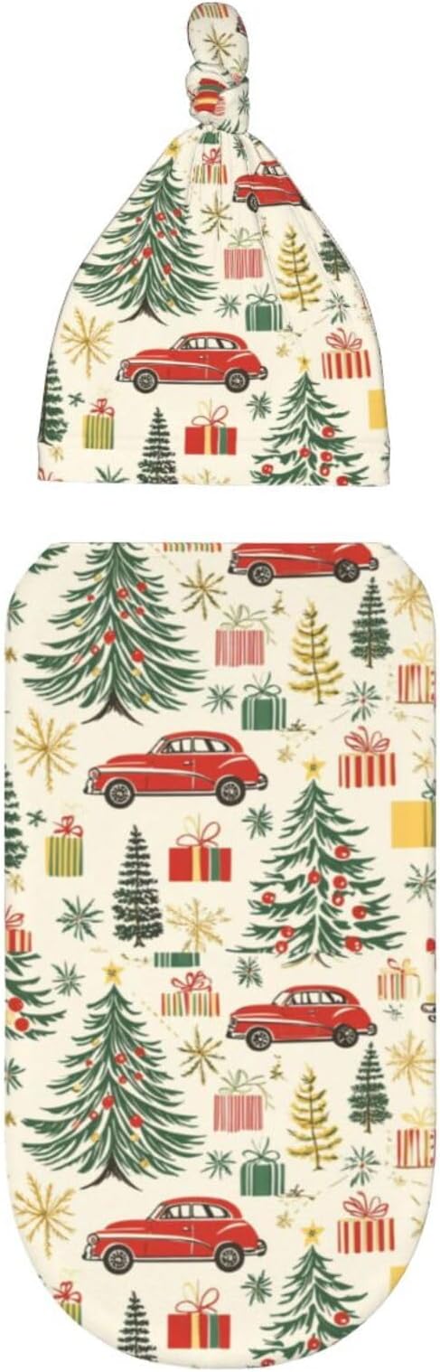 Christmas Baby Swaddle Blanket and Hat Set for Newborn Boys Girls Soft Infant Wrap Sleep Christmas Tree Gift