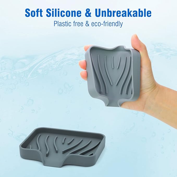 3-Pack Silicone Soap Dish, Sponge Holder for Sink, Kitchen Soap Tray, Bathroom Soap Holder, Sponge Tray with Drain (Grey)