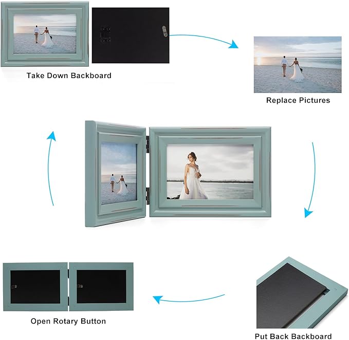 Horizontal & Verticall 4X6 Picture Frames Double Hinged Wood Folding Photo Frames with Real Glass Front Fit for Desktop or Tabletop, Teal Blue XLAN-H64-V46