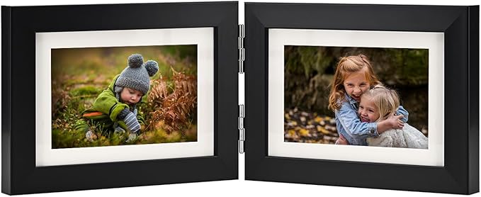 Double Hinged 4X6 Picture Frame with Real Glass-Tabletop or Wall Mounted, Display for 3X5 & 4X6 Photos (with/without Mat)-Classic Black, For Family Photos & Wedding Memories-H64X2