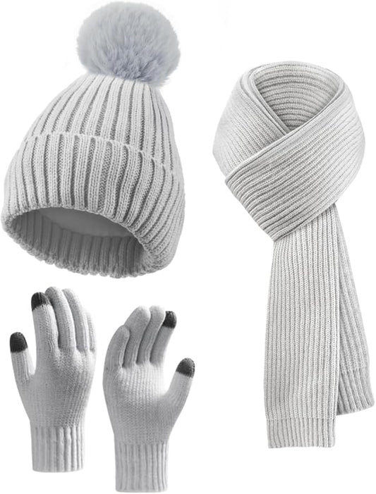 Winter Beanie Hat Scarf Gloves Set for Women, Fleece Knit Pompom Beanie Neck Warmer Long Scarf Touchscreen Gloves 3 in 1 Set