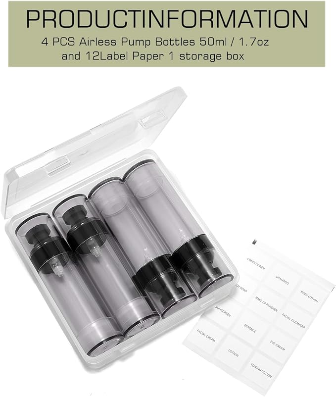 Wide Caliber airless Vacuum Pump Bottle, Reusable Cosmetics Pump Dispenser, DIY Easy Canned, Translucent Black Travel Size can be Packaged Separately Shampoo Light Lotion, etc. (1.7/oz, 4 Packs)