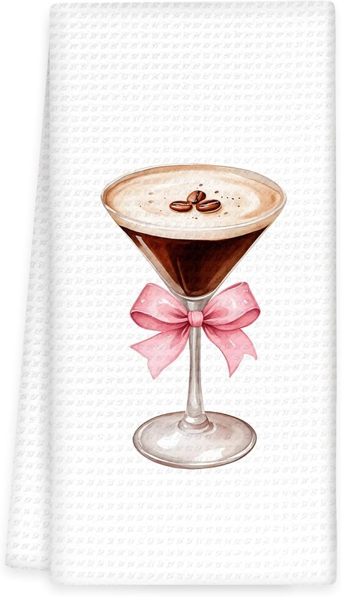 Espresso Martini Decor Bow Kitchen Towels, Coquette Bow Espresso Martini Gifts Hand Towels, Pink EspressoMartini Dish Towel Tea Towel for Kitchen Home Bar Cart Decor, 16x24In