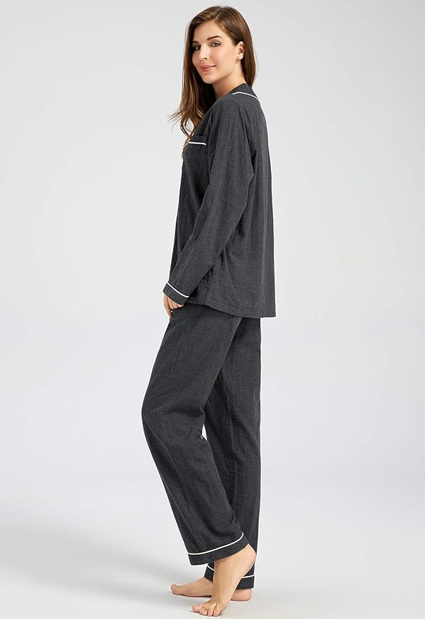 Womens Pajama Sets 100% Double Gauze Cotton Linen Like Muslin Pajamas Long Sleeve Button Down Sleepwear Soft Pjs Lounge Set