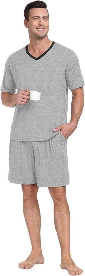 PrinStory Men's Pajama Set Sleepwear Pjs Lightweight Quick Dry Short Sleeve V-Neck Shirts and Shorts Soft Comfy Sleep Sets
