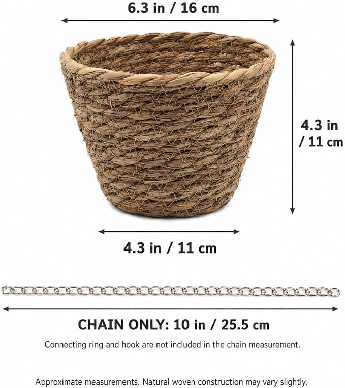 2 Pack Rat Hammock for Cage, Natural Grass Woven Hanging Basket Beds with Adjustable Chains, Pet Rat Cage Accessories for Resting, Perching and Enrichment, 6.3 in