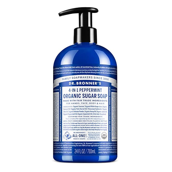 Dr. Bronner's - Organic Sugar Soap (Peppermint, 24 Ounce) - Made with Organic Oils, Sugar & Shikakai Powder, 4-in-1 Uses: Hands, Body, Face & Hair, Cleanses, Moisturizes & Nourishes, Vegan