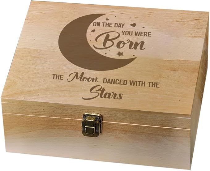 arricraft 1 Pc Wooden Memory Keepsake Box, Moon Pattern Souvenir Box with Hinged Lids for Newborn Girls Boys Storage Box Keepsake to Store Photos, Letters and Valuables 9.6x7.6x4inch
