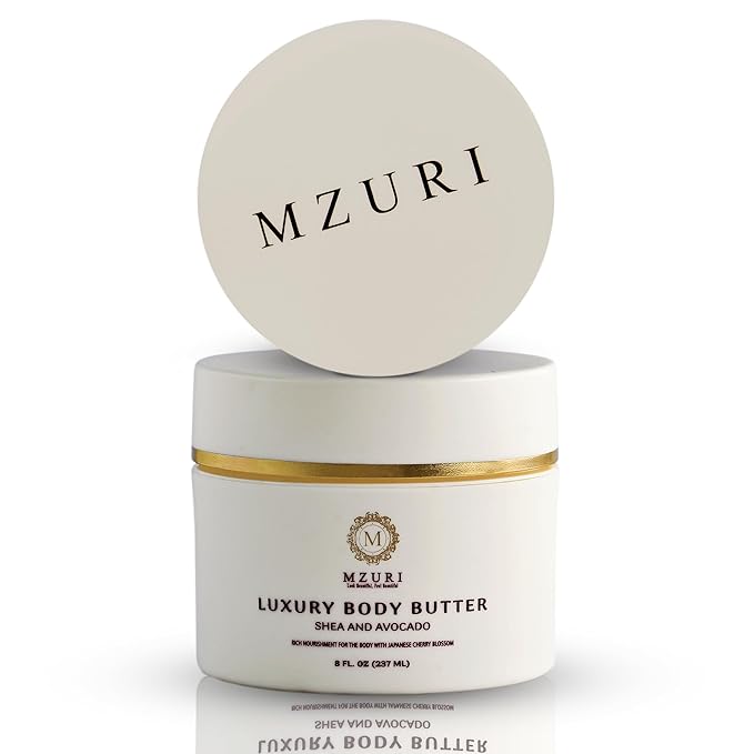 MZURI Body Butter, Whipped Shea and Avocado Blend, Fast-Absorbing, Deep Moisturizing Cream with Essential Oils, Non-Greasy, Natural Skincare for Dry, Glowing Skin, Organic Butter - 8 Fl. Oz