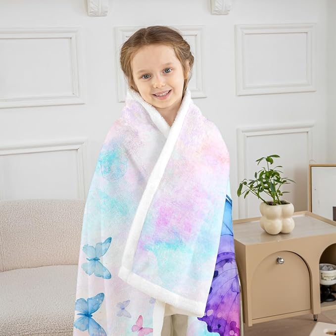 Feelyou Butterfly Fleece Throw Blanket Baby 30"x40" Kids Purple Blue Watercolor Sherpa Blanket Plush Fuzzy for Bed Couch Chair Living Room, Butterflies Lover Bed Blanket Chic Room Decor